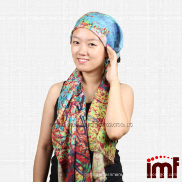 Hot Fashion Girls 100% Mercerized Wool Red Yellow Tree Digital Print Scarf Head Pashmina